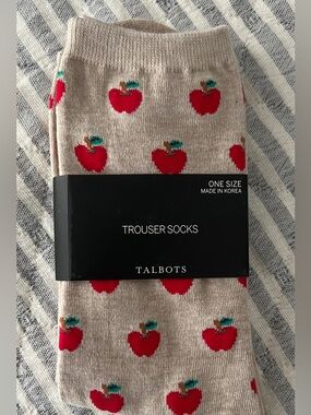 Talbots Beige Trouser Socks with Red Apple Motif